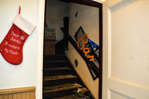 The stairwell to the three floors where the former Wheeling Hotel did business is located behind a door in the Bridge Tavern's meeting room.