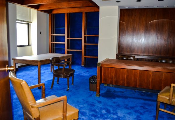 This fifth-floor office is the only one in the entire building that features royal blue carpet.