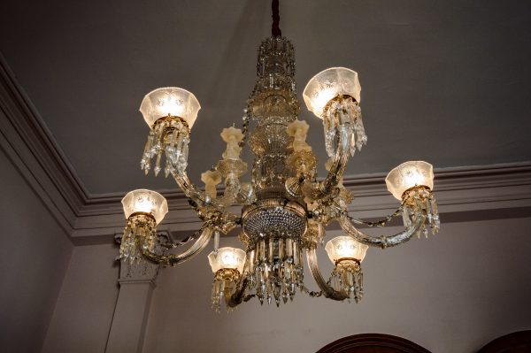This second floor chandelier once hung within Mount de Chantal Visitation Academy before its demolition, but was saved by a number of donors headed by historian Margaret Brennan. It was created in 1845 by the Hobbs, Brokunier & Co. glasshouse in Wheeling, the largest in the country in 1875.