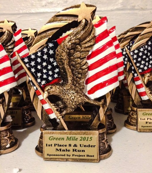 The trophies for this year's Green Mile have a patriotic theme.