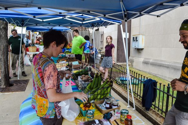 Glynis Board, a new resident of East Wheeling, visits Grow Ohio Valley's farmers markets on Jacob Street.