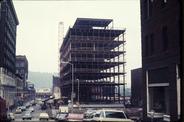 In the mid-1970s the Wesbanco Bank headquarters was under construction at the corner of 14th and Market/Main streets.