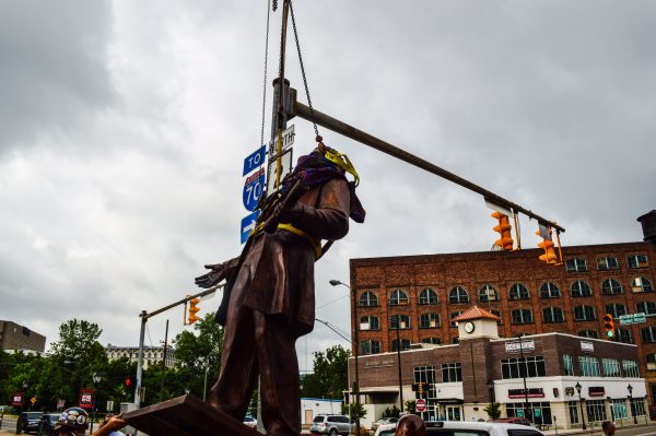 The statue of Francis Pierpont was delivered and erected on June 19, 2015, and now stands on the corner of 16th and Markets street in from of West Virginia Independence Hall.