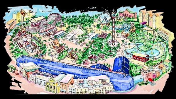 An artist's rendering of a three-section theme park proposed for The Highlands.