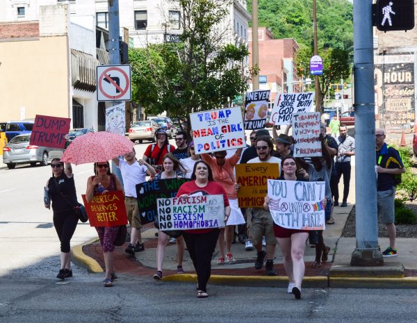 Local residents protested the Murray-Trump event in downtown Wheeling.