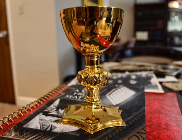 The travel chalice was used on the ship that brought the first Carmelite sisters to America in 1790. A Jesuit priest would celebrate a private Mass for them below deck, and the sisters were dressed like men during the trip. The chalice then was donated to the Wheeling Carmel in 1920 by U.S. Sen. Eugene Moxley.
