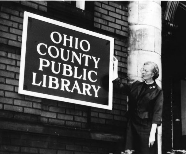 Librarian Virginia Ebeling in front of the Ohio County Public Library when it was located at 2100 Market St. building.