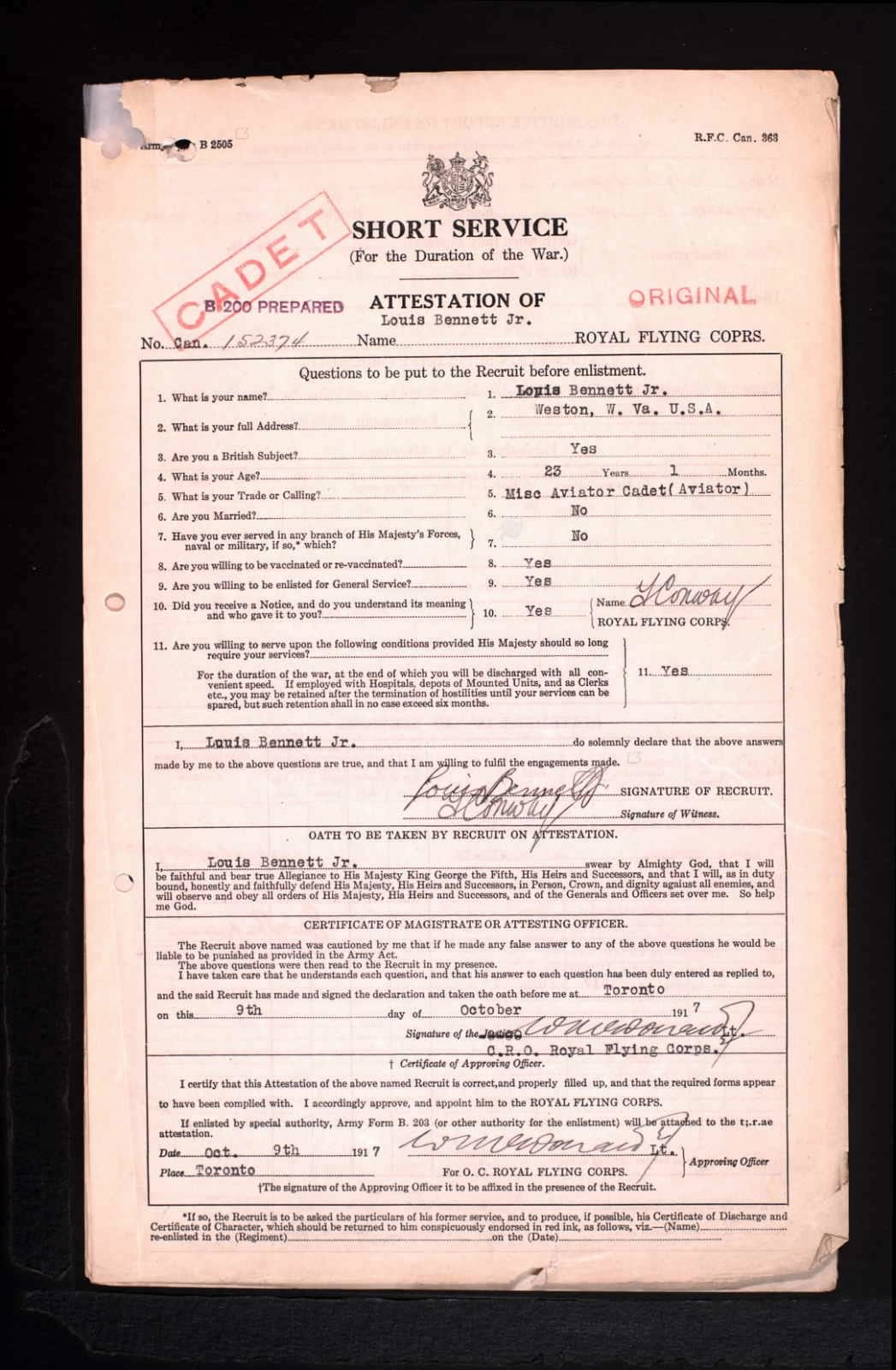 Military forms for Louis Bennett, Jr.
