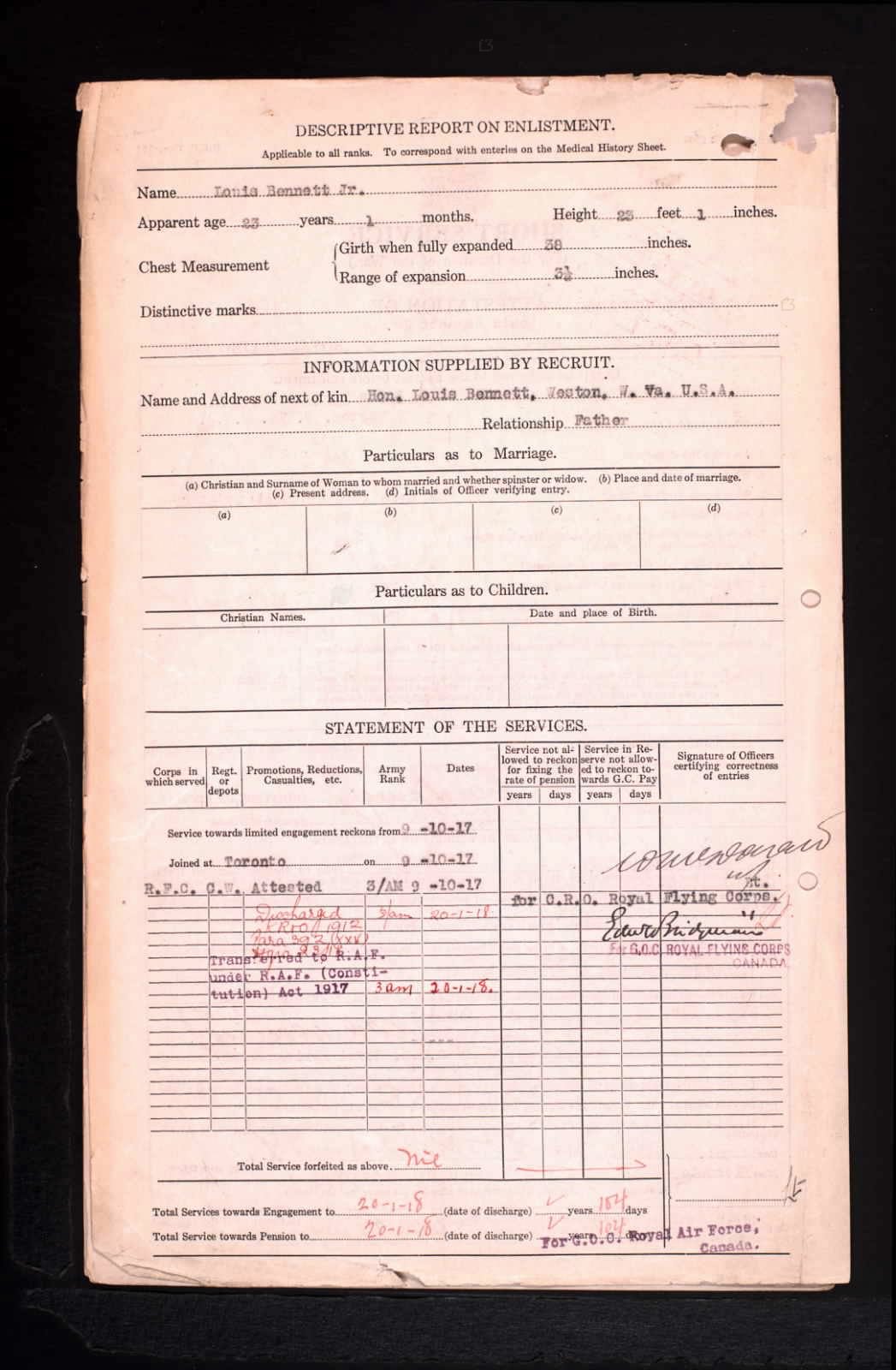 Military forms for Louis Bennett, Jr.