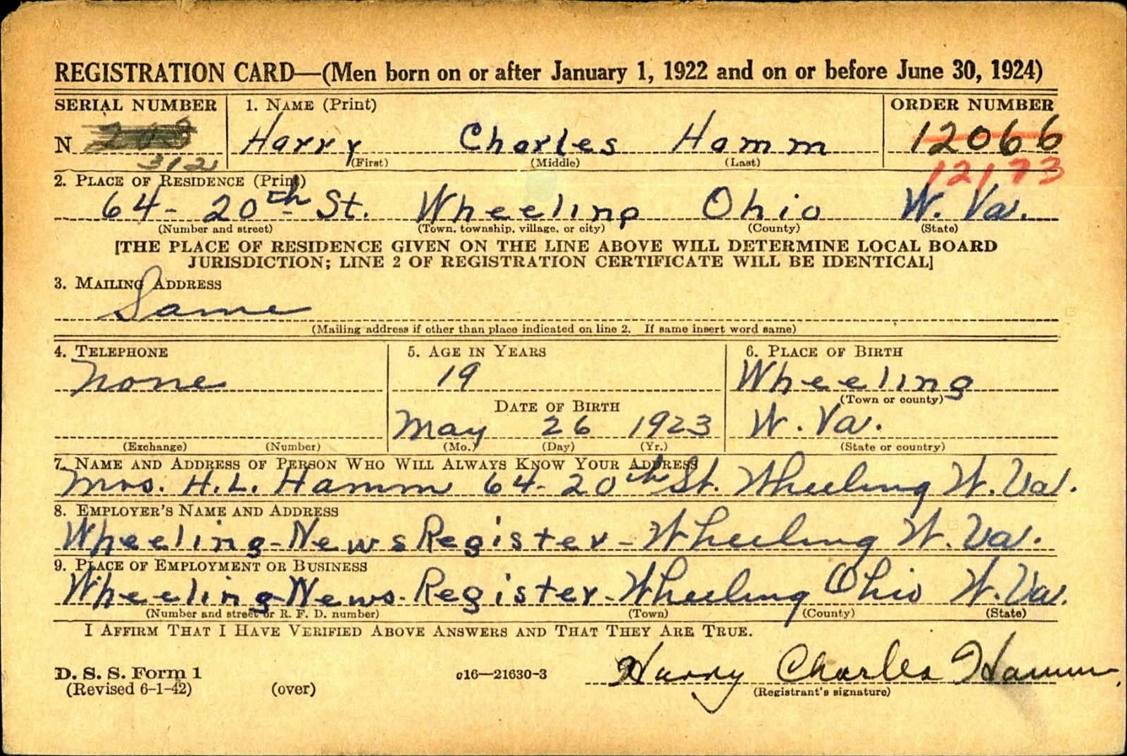 Military registration card for Harry Hamm.