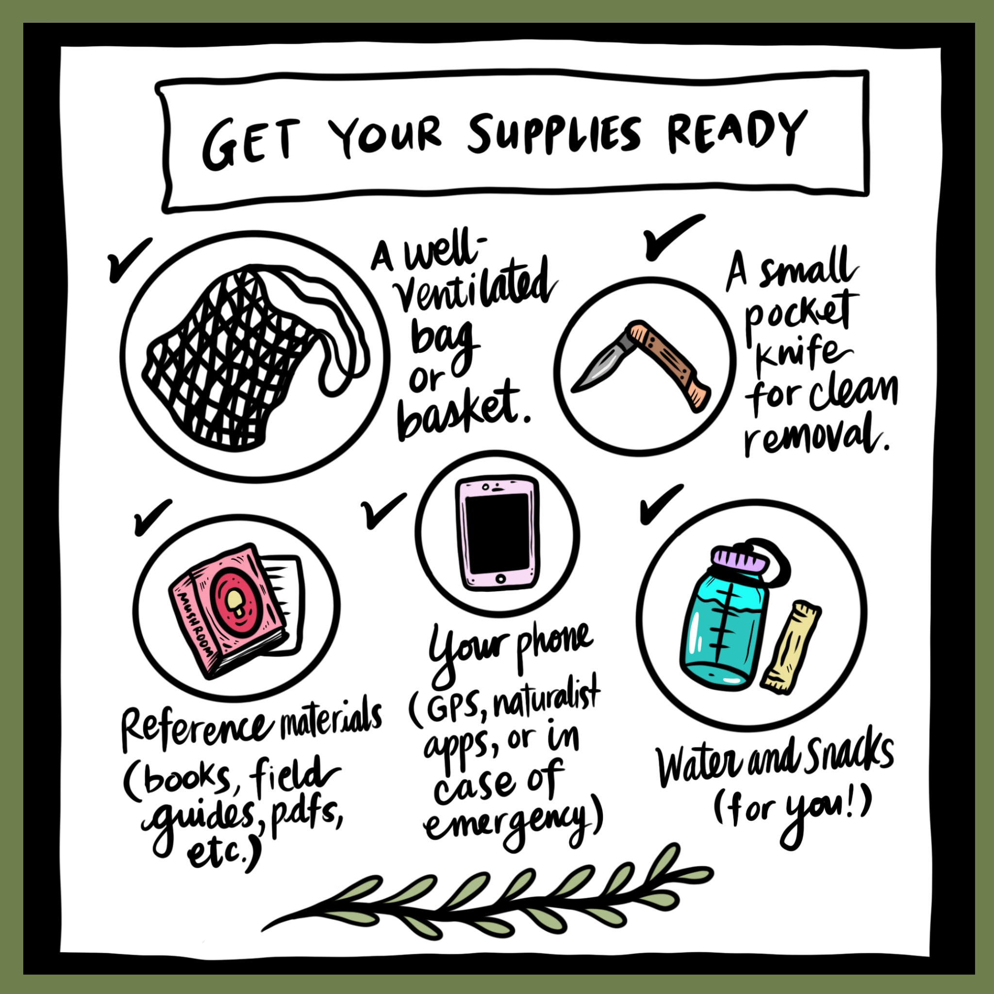 Get your supplies ready. A well ventilated bag or basket. A small pocket knife for clean removal. Reference materials (books, field guides, pdfs, etc.). Your phone (GPS, naturalist apps, or in case of emergency). Water and snacks (for you!).