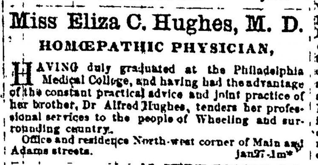 Advertisement in the Daily Intelligencer for Dr. Eliza Hughes
