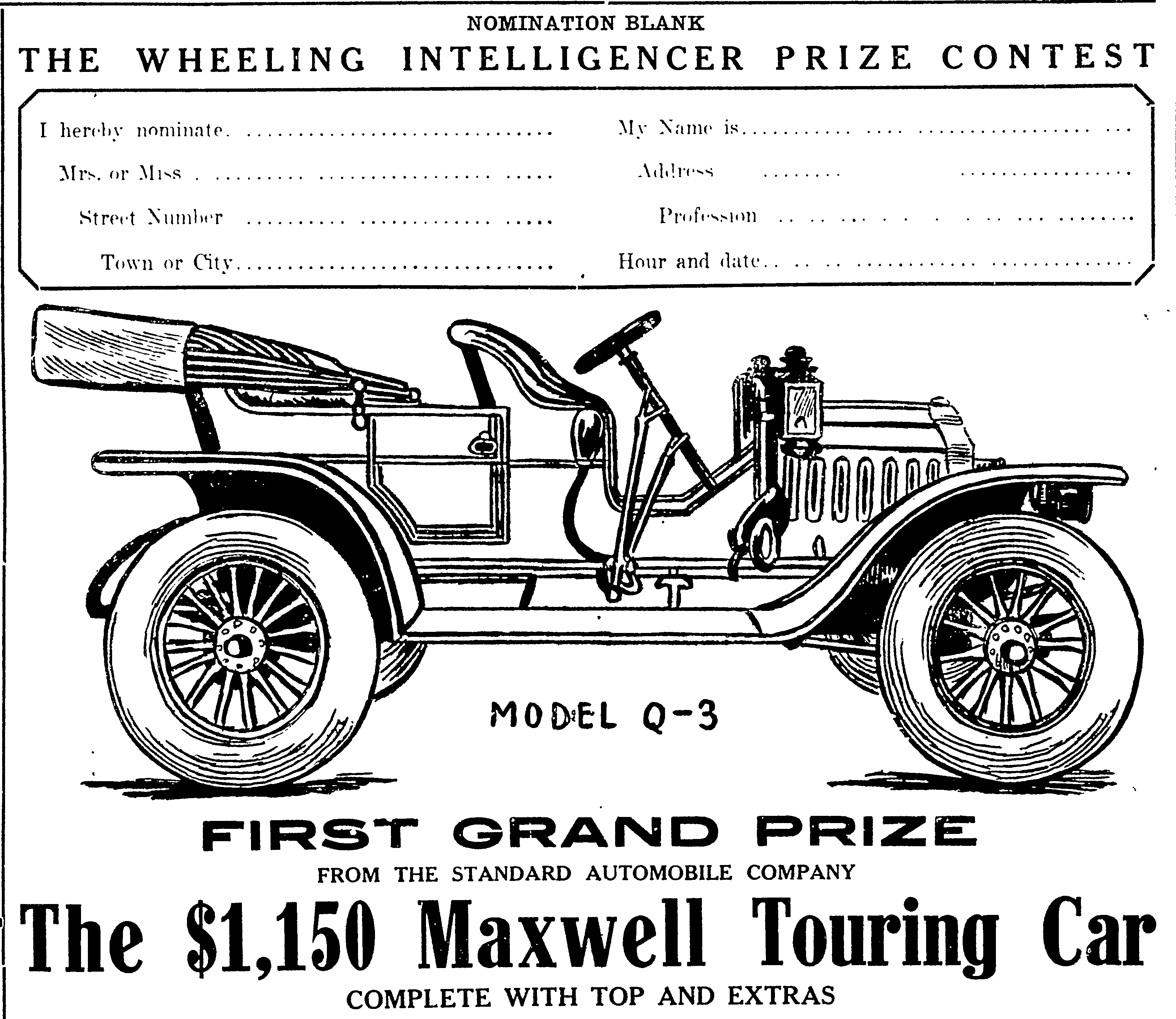First Grand Prize and nomination form for Wheeling Women Popularity Contest, 1910