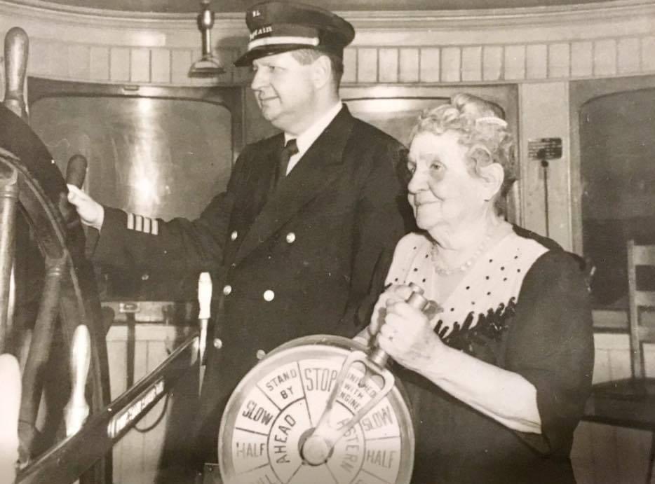Capt. Tom and Capt. Mary aboard their boat Delta Queen in 1948