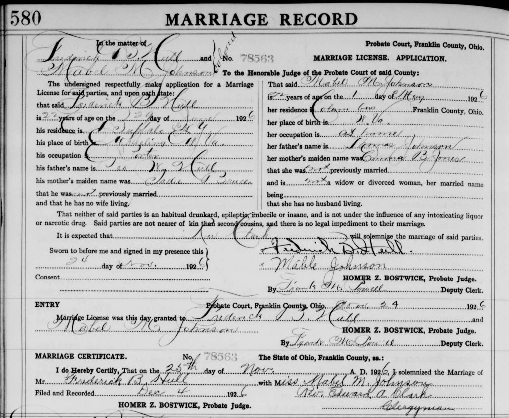 Marriage Record of Mabel Johnson and Frederick Hull
