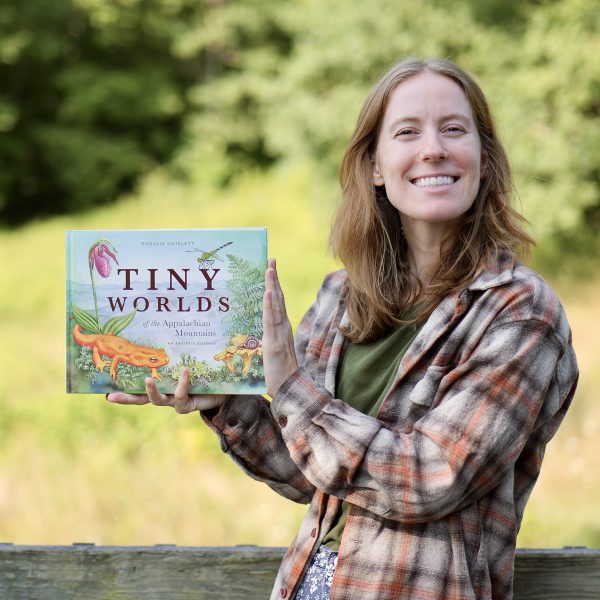 illustrator Rosalie Haizlett with her newly published book, tiny worlds of the Appalachian mountains